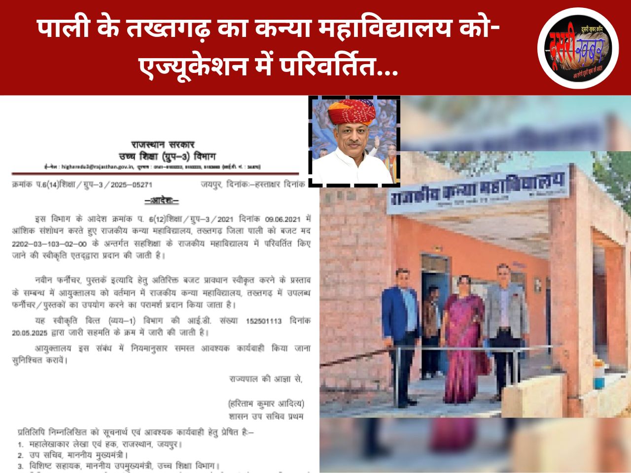 पाली के तख्तगढ़ का कन्या महाविद्यालय को-एज्यूकेशन में परिवर्तित पाली के तख्तगढ़ का कन्या महाविद्यालय को-एज्यूकेशन में परिवर्तित