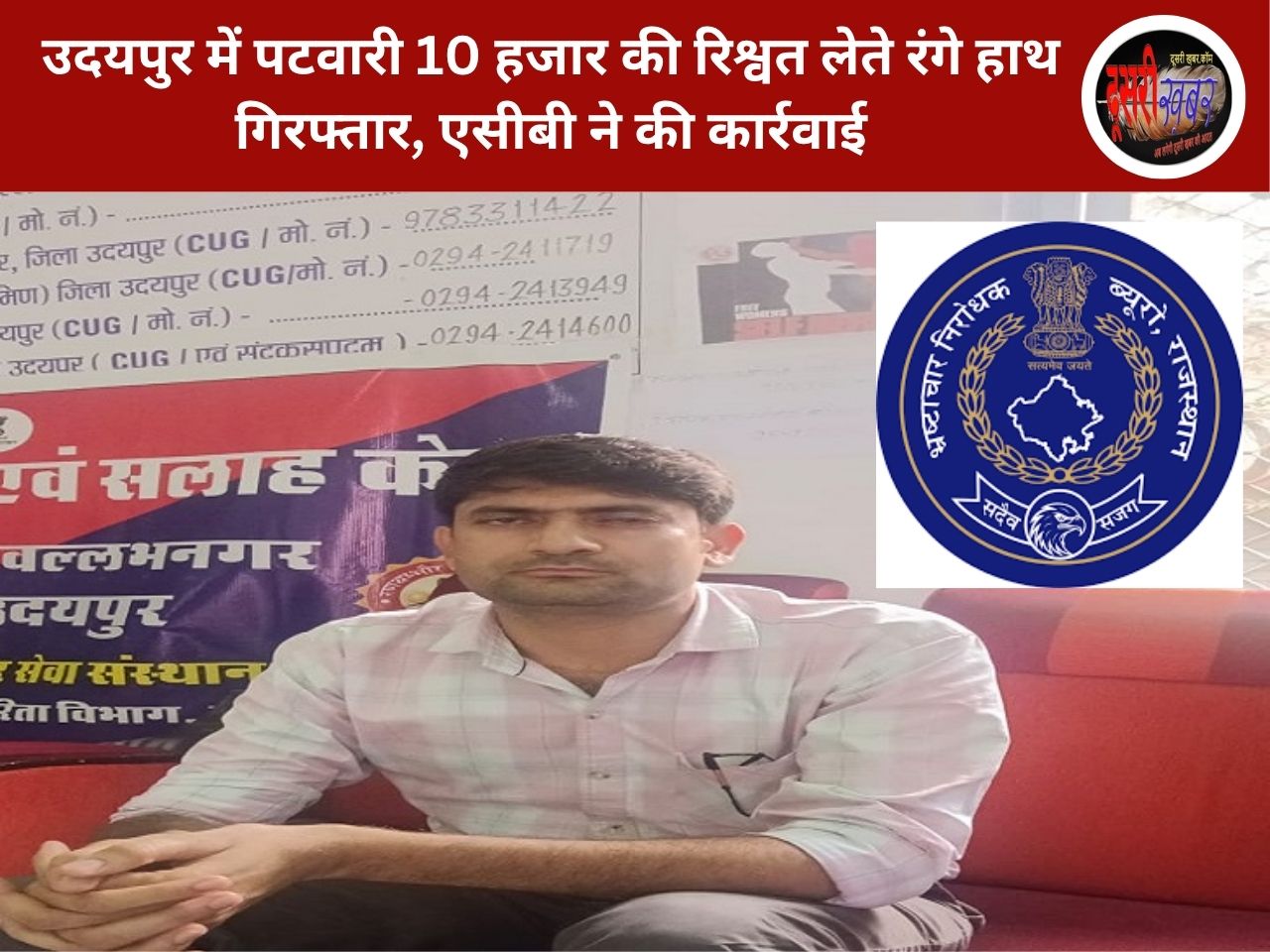 उदयपुर में पटवारी 10 हजार की रिश्वत लेते रंगे हाथ गिरफ्तार, एसीबी ने की कार्रवाई उदयपुर में पटवारी 10 हजार की रिश्वत लेते रंगे हाथ गिरफ्तार, एसीबी ने की कार्रवाई