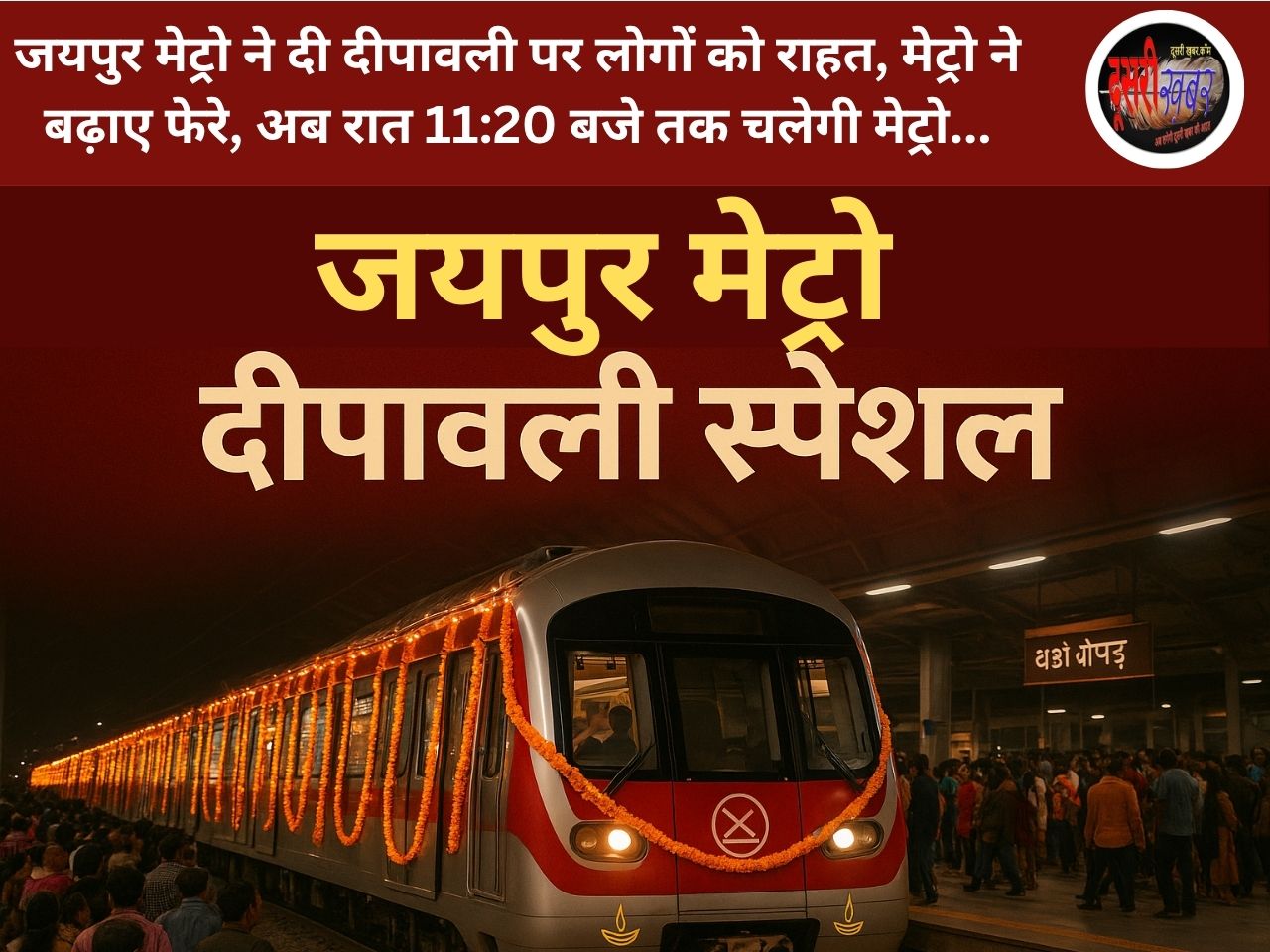 जयपुर मेट्रो ने दी दीपावली पर लोगों को राहत, मेट्रो ने बढ़ाए फेरे, अब रात 11:20 बजे तक चलेगी मेट्रो… जयपुर मेट्रो ने दी दीपावली पर लोगों को राहत, मेट्रो ने बढ़ाए फेरे, अब रात 11:20 बजे तक चलेगी मेट्रो…