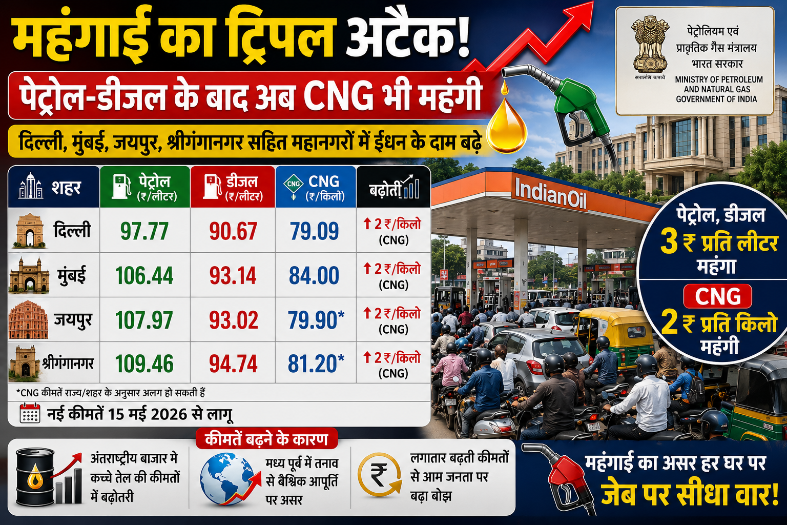 पेट्रोल,डीजल और CNG फिर हुई महंगी, सातवें आसमान पर महंगाई पहुंचने की तैयारी में, बिगड़ सकते हैं हालात…!