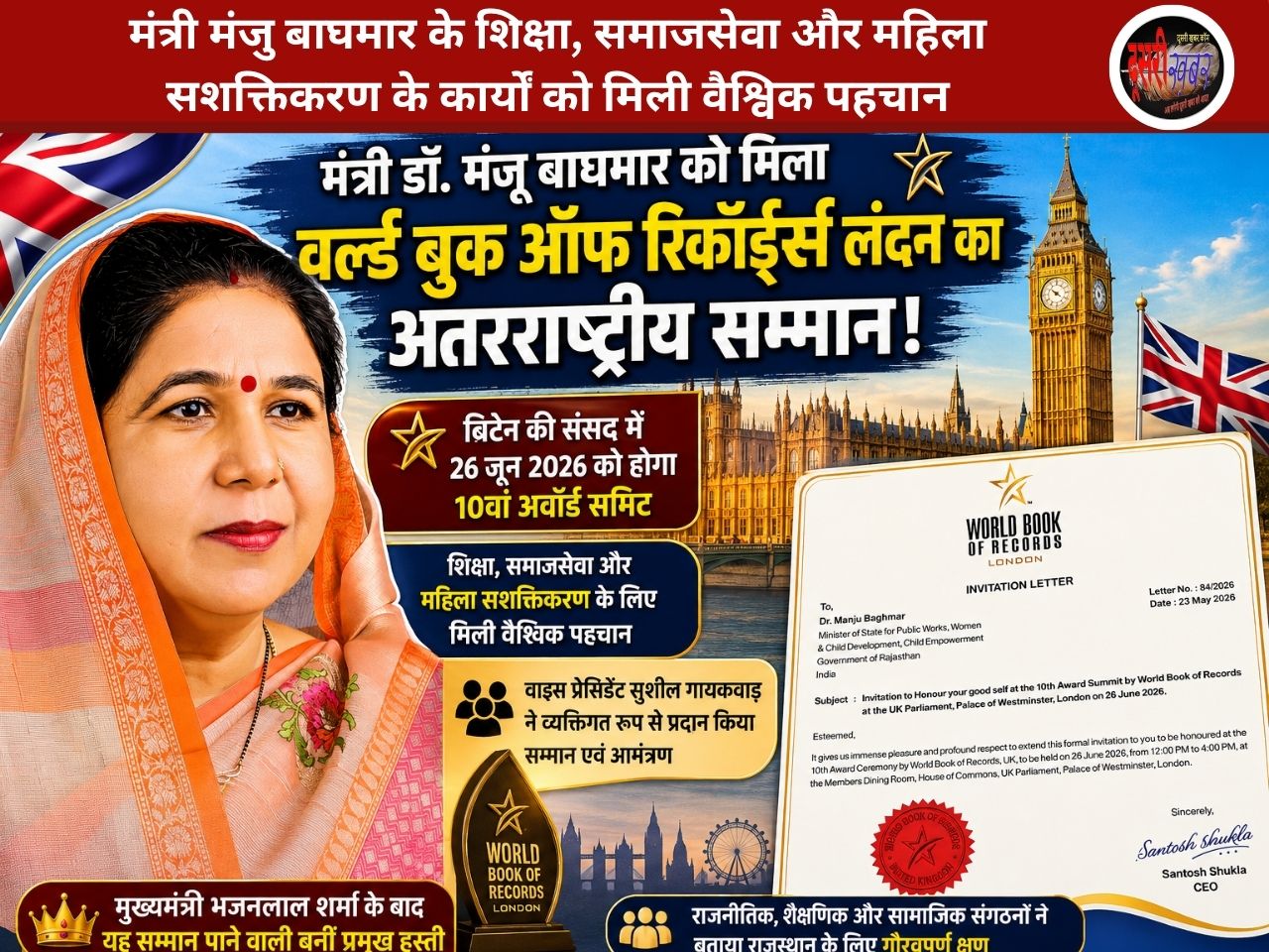 लंदन में राजस्थान का गौरव: मंत्री डॉ. मंजू बाघमार को “वर्ल्ड बुक ऑफ रिकॉर्ड्स” का अंतरराष्ट्रीय सम्मान…