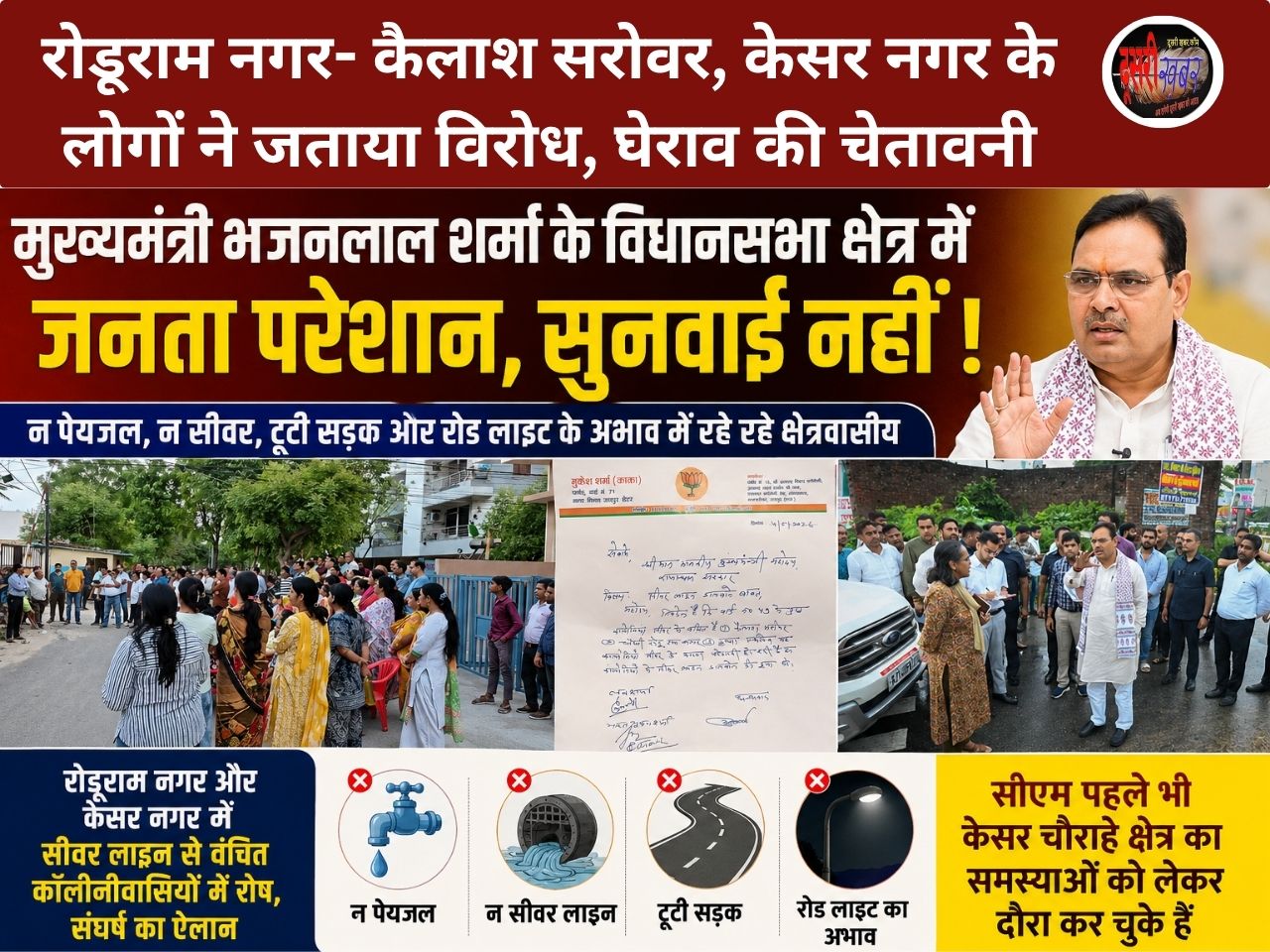 मुख्यमंत्री भजनलाल के विधानसभा क्षेत्र में मूलभूत सुविधाओं का संकट, रोडूराम नगर-केसर नगर के लोगों में भारी आक्रोश
