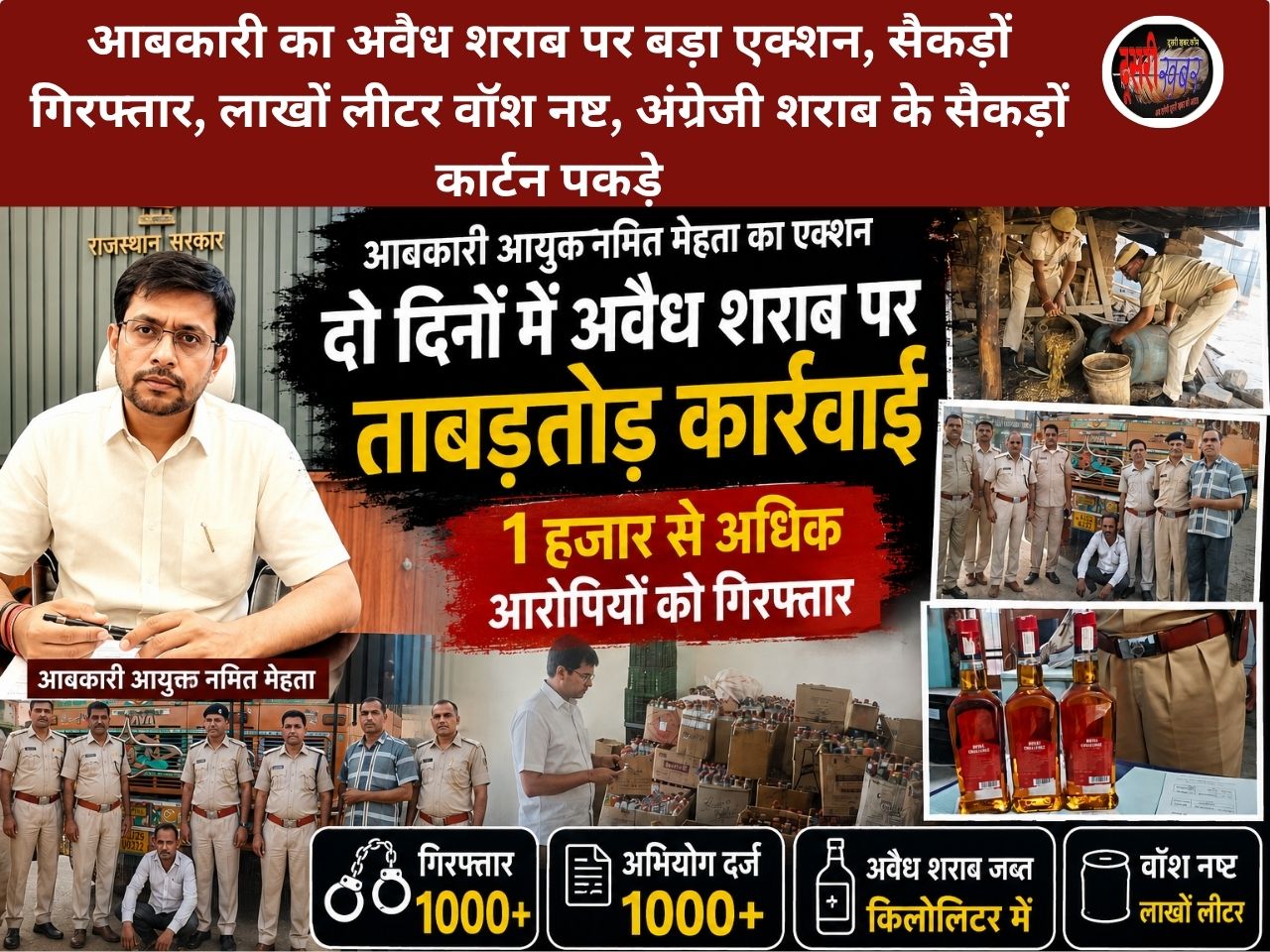 राजस्थान में आबकारी विभाग का अवैध शराब पर बड़ा एक्शन, तीन दिन में सैकड़ों गिरफ्तार, लाखों लीटर वॉश नष्ट, अंग्रेजी शराब के सैकड़ों कार्टन पकड़े