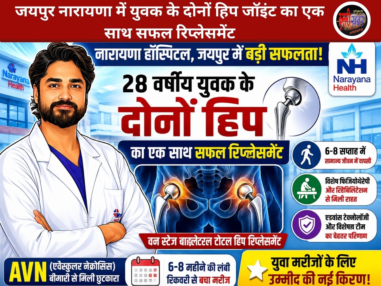 नारायणा हॉस्पिटल जयपुर को बड़ी सफलता, युवक के दोनों हिप जॉइंट का एक साथ सफल रिप्लेसमेंट