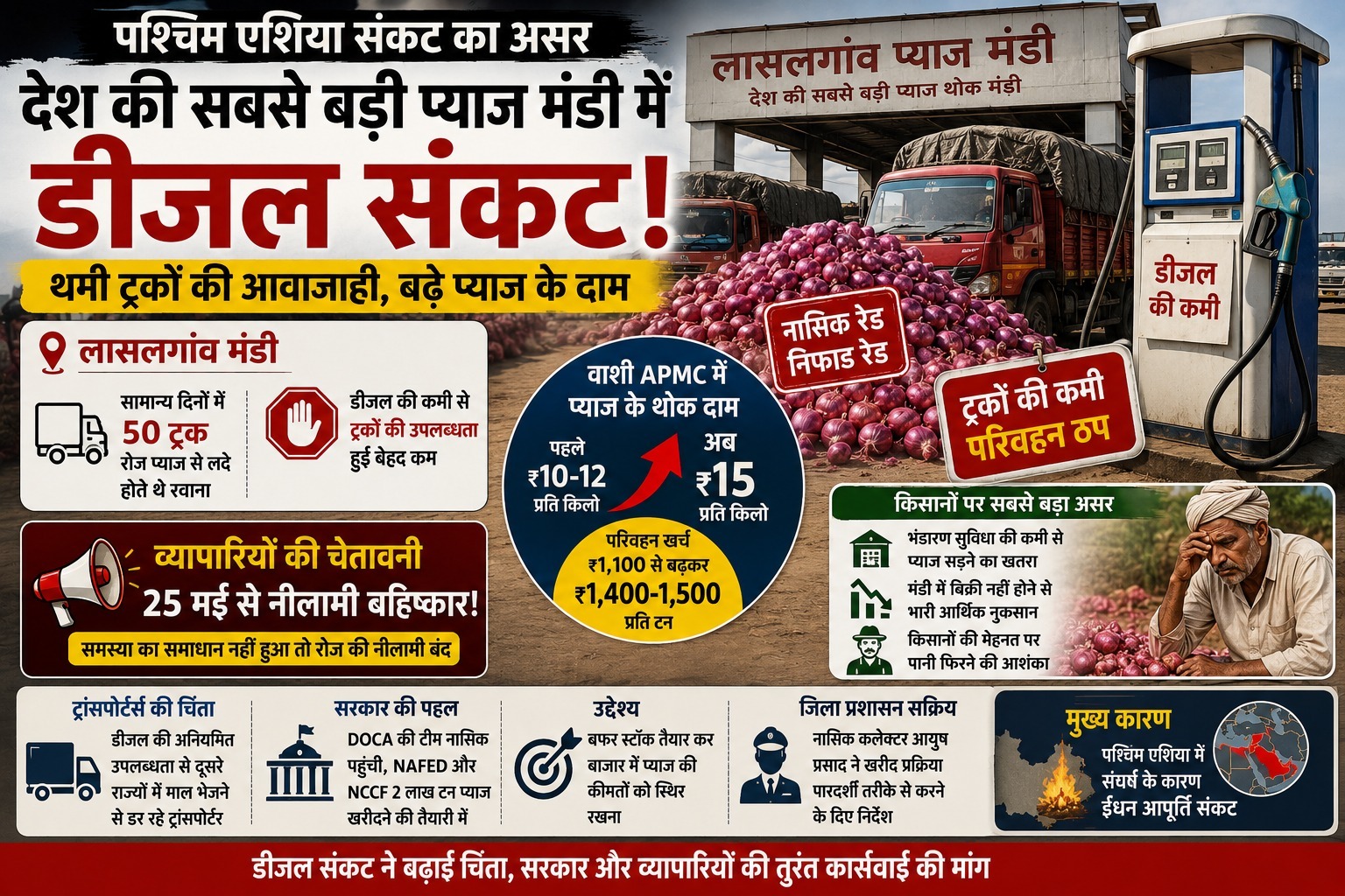पश्चिम एशिया संकट का असर: भारत की सबसे बड़ी प्याज मंडी में डीजल संकट, थमी ट्रकों की आवाजाही