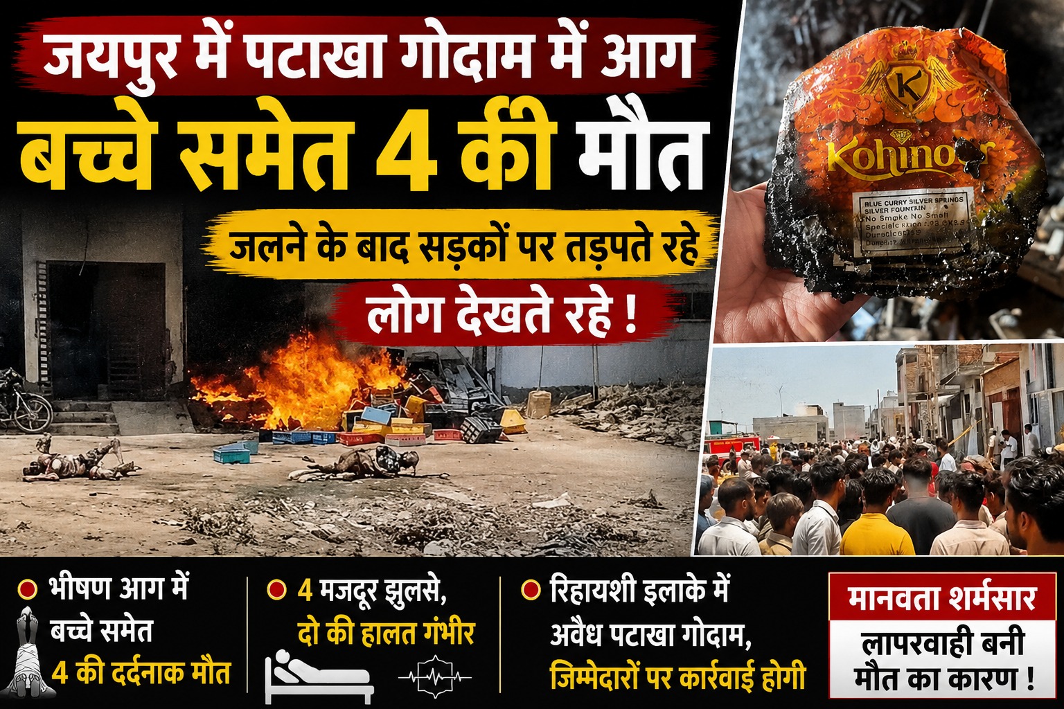 पटाखा फेक्ट्री में आग, बच्चे सहित 4 लोग जिंदा जले, चीखते रहे पीड़ित देखते रहे लोग, मानवता तार-तार…