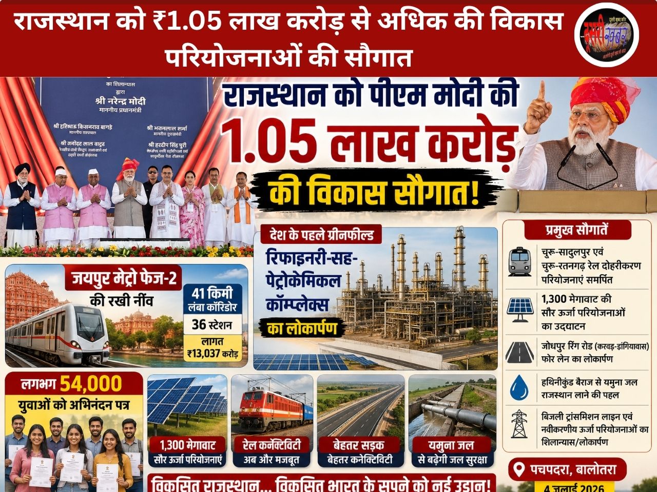 राजस्थान को ₹1.05 लाख करोड़ की परियोजनाओं की सौगात, प्रधानमंत्री मोदी ने  रिफाइनरी का उद्घाटन और जयपुर मेट्रो फेज-2 की रखी नींव
