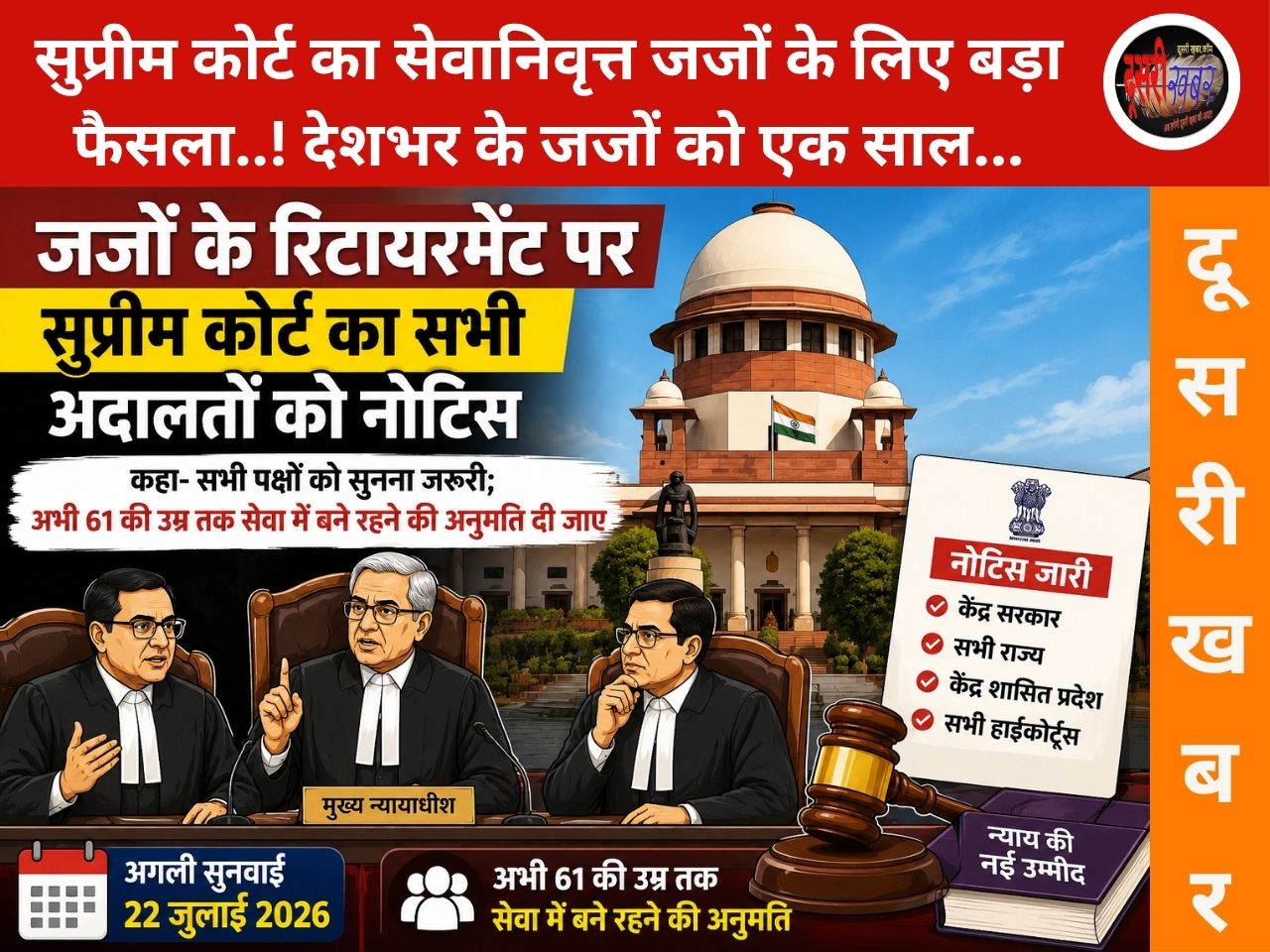 सुप्रीम कोर्ट का सेवानिवृत्त जजों के लिए बड़ा फैसला..! देशभर के जजों को एक साल… सुप्रीम कोर्ट का सेवानिवृत्त जजों के लिए बड़ा फैसला..! देशभर के जजों को एक साल…