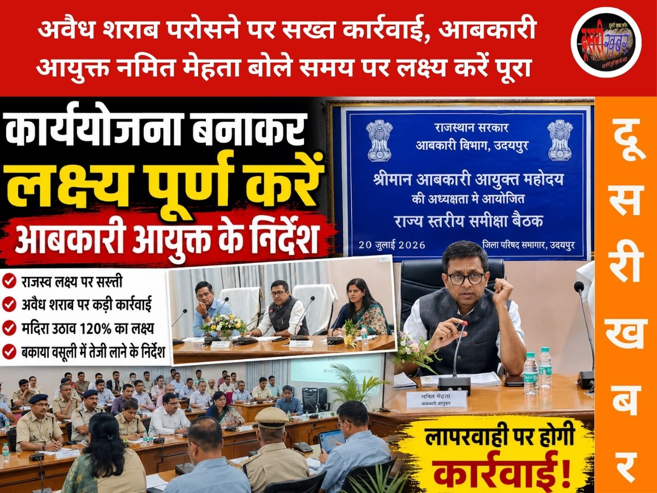 अवैध शराब परोसने पर सख्त कार्रवाई, आबकारी आयुक्त नमित मेहता बोले समय पर लक्ष्य करें पूरा अवैध शराब परोसने पर सख्त कार्रवाई, आबकारी आयुक्त नमित मेहता बोले समय पर लक्ष्य करें पूरा
