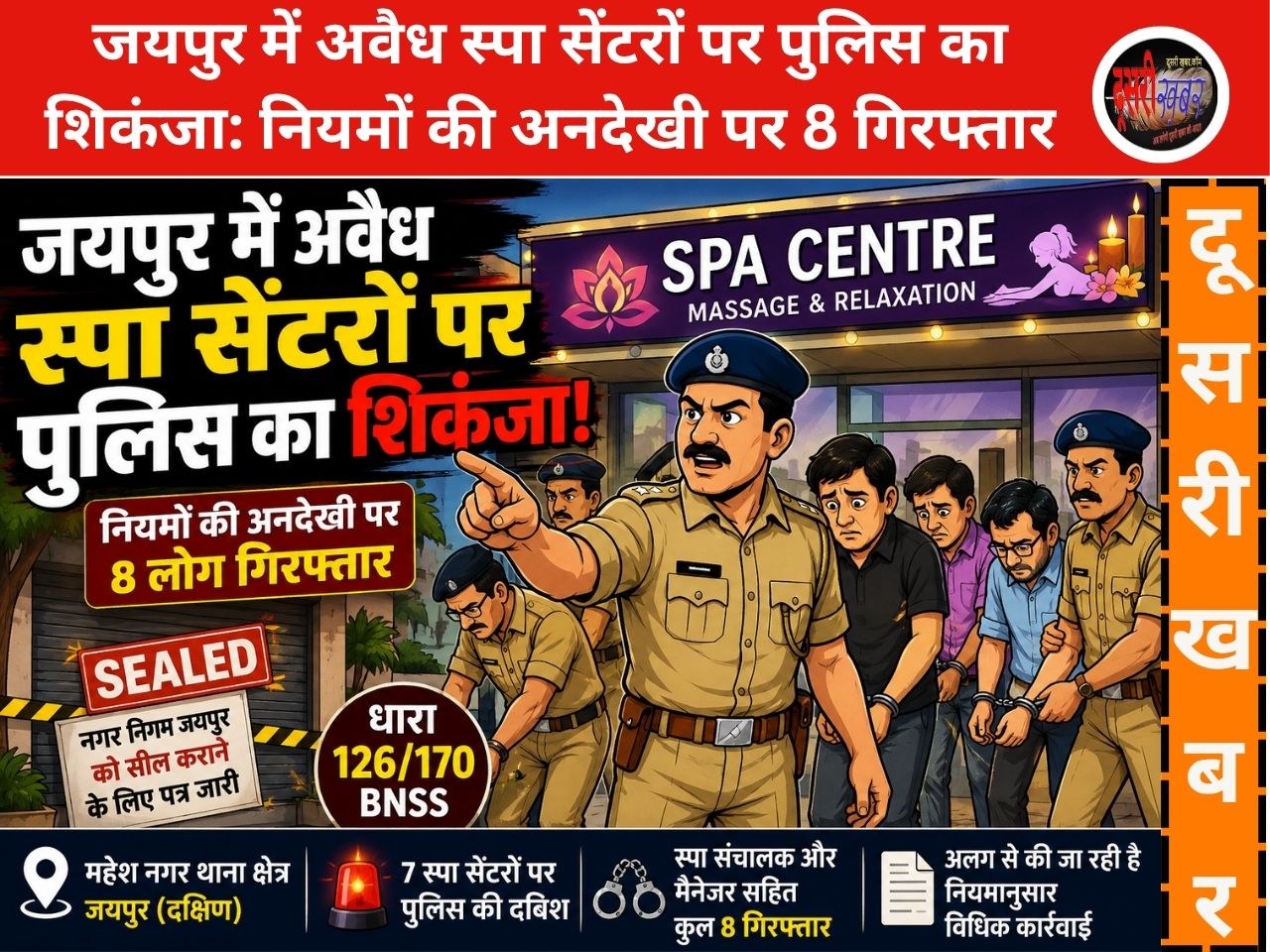 जयपुर में अवैध स्पा सेंटरों पर पुलिस का शिकंजा: नियमों की अनदेखी पर 8 गिरफ्तार, कई सेंटर सील करने की तैयारी