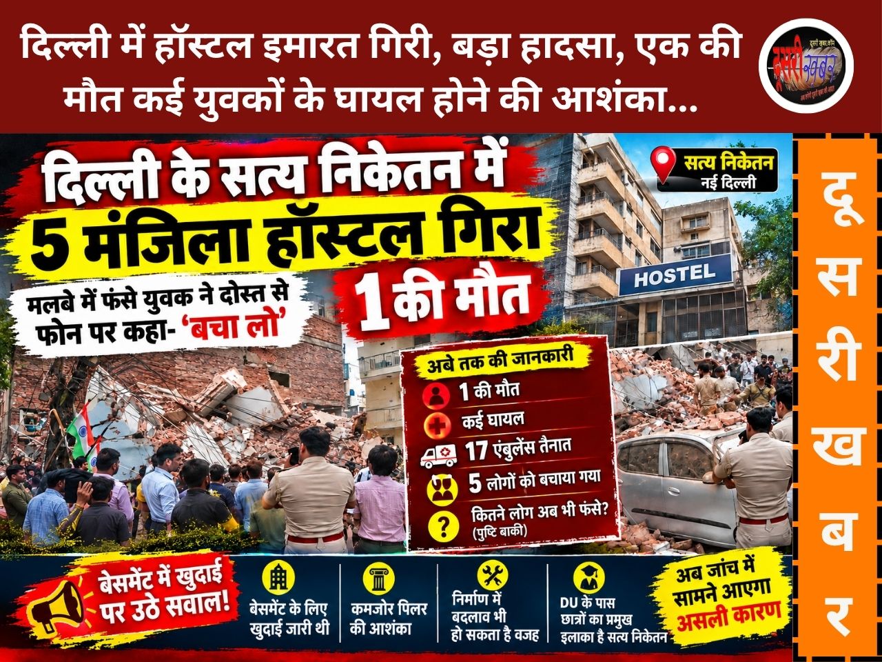 दिल्ली के सत्य निकेतन में 5 मंजिला हॉस्टल की इमारत गिरी, एक छात्र की मौत: मलबे में कई युवक फंसे, बेसमेंट खुदाई पर उठे सवाल दिल्ली के सत्य निकेतन में 5 मंजिला हॉस्टल की इमारत गिरी, एक छात्र की मौत: मलबे में कई युवक फंसे, बेसमेंट खुदाई पर उठे सवाल