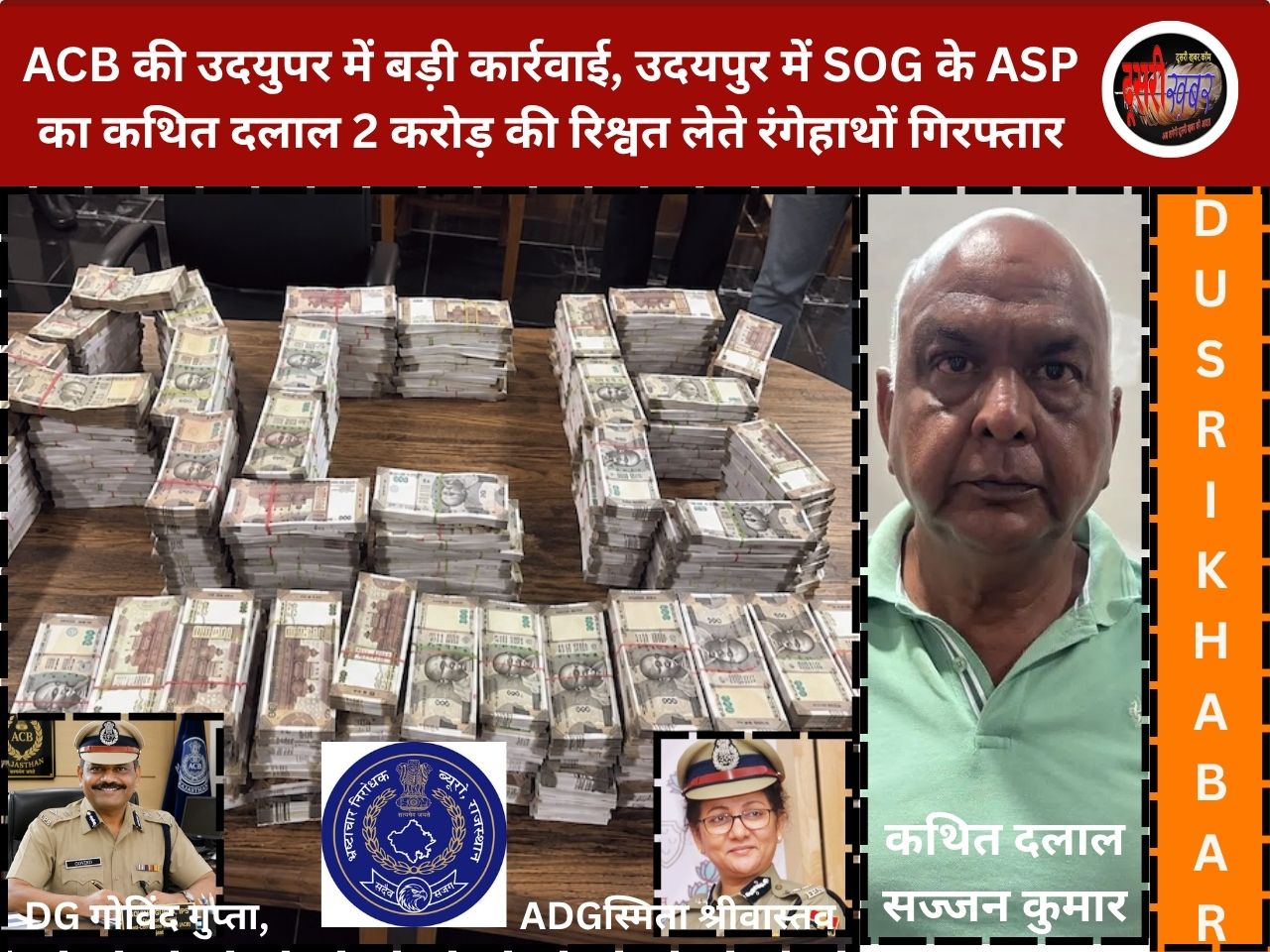 ACB की उदयुपर में बड़ी कार्रवाई, उदयपुर में SOG के ASP का कथित दलाल 2 करोड़ की रिश्वत लेते रंगेहाथों गिरफ्तार