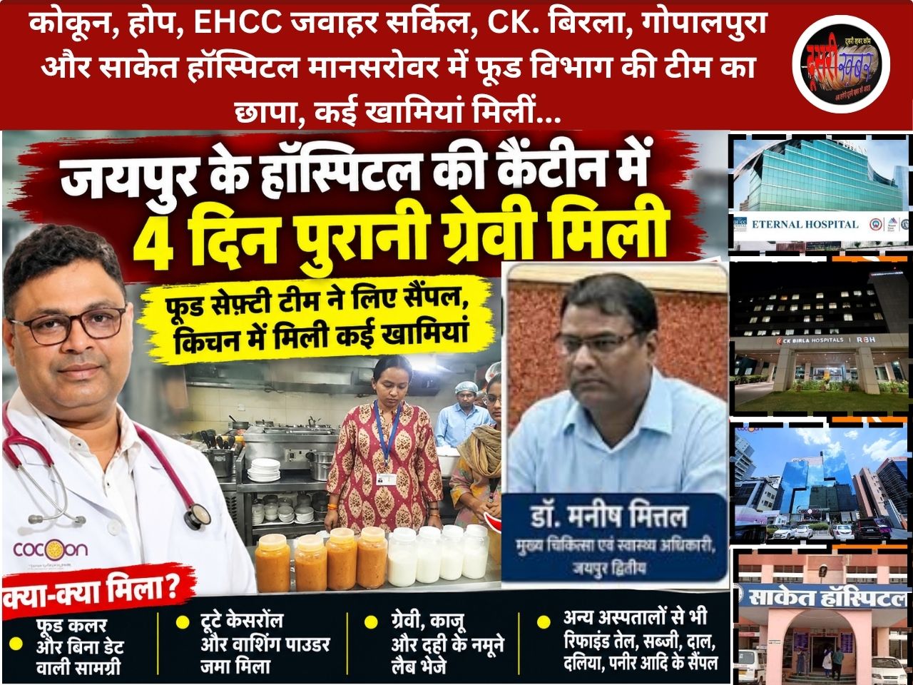 जयपुर के निजी अस्पताल की कैंटीन में 4 दिन पुराना तैयार सब्जी का मसाला मिला, फूड सेफ्टी टीम ने लिए सैंपल