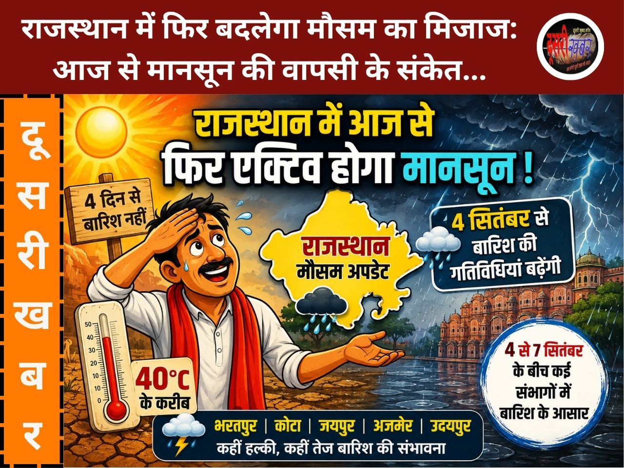 राजस्थान में फिर बदलेगा मौसम का मिजाज: आज से मानसून की वापसी के संकेत… राजस्थान में फिर बदलेगा मौसम का मिजाज: आज से मानसून की वापसी के संकेत…