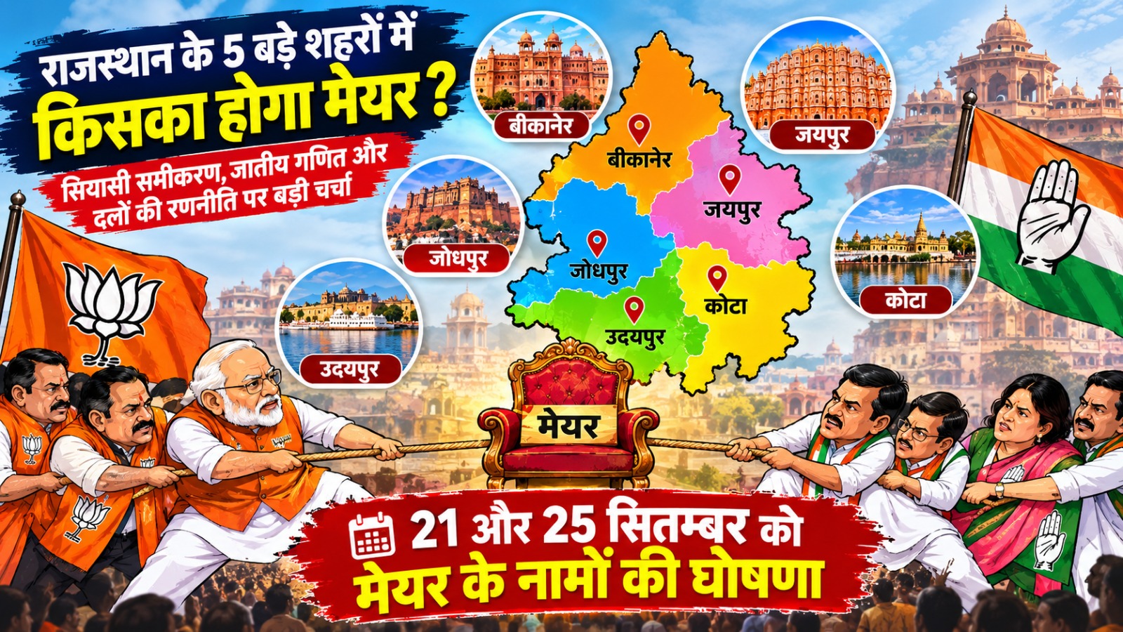 जयपुर से उदयपुर तक मेयर की कुर्सी का सियासी गणित: 5 शहरों में कहीं बहुमत तो कहीं निर्दलीयों की निर्णायक भूमिका… जयपुर से उदयपुर तक मेयर की कुर्सी का सियासी गणित: 5 शहरों में कहीं बहुमत तो कहीं निर्दलीयों की निर्णायक भूमिका…