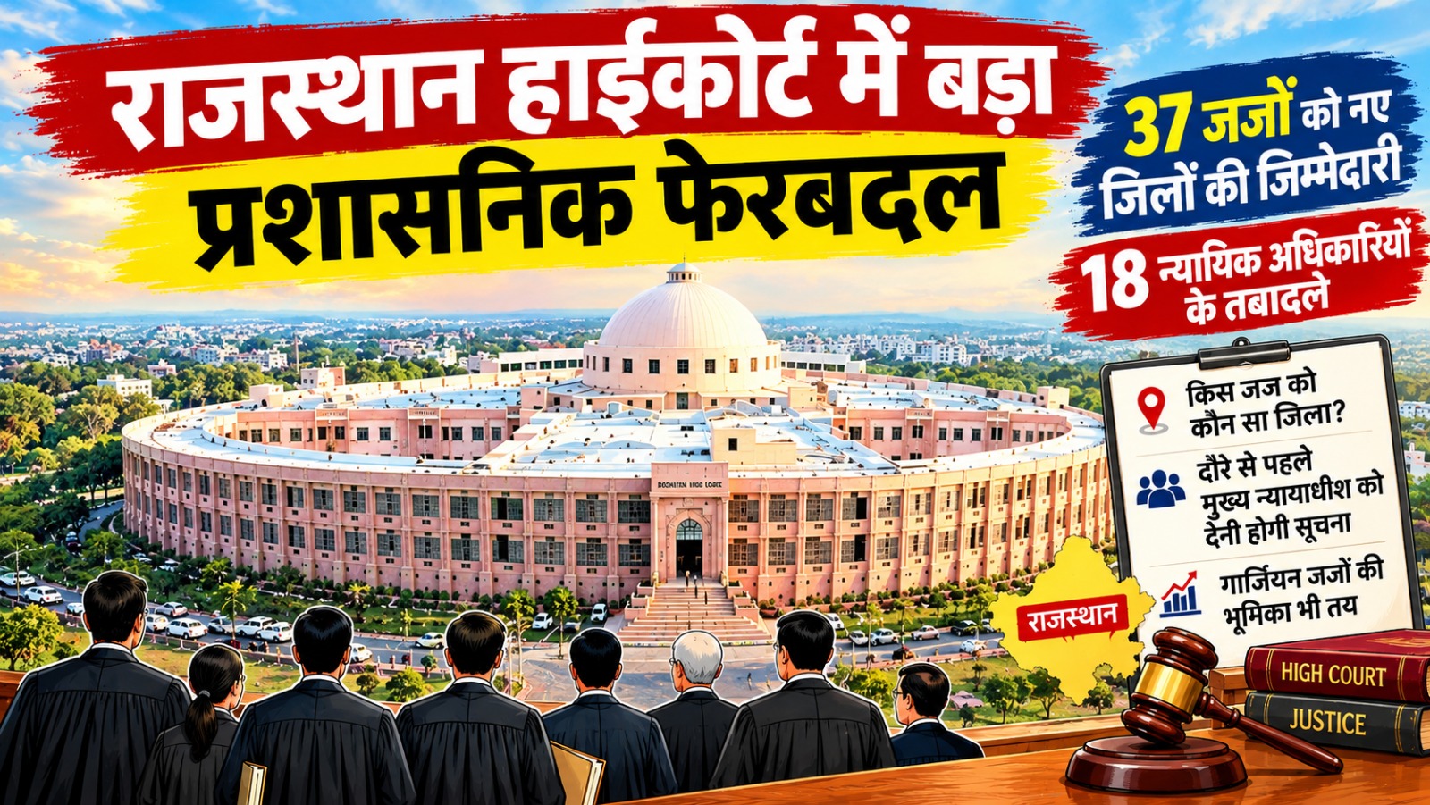 राजस्थान हाईकोर्ट में बड़ा प्रशासनिक फेरबदल, 37 जजों को नए जिलों की जिम्मेदारी, 18 न्यायिक अधिकारियों के भी तबादले 