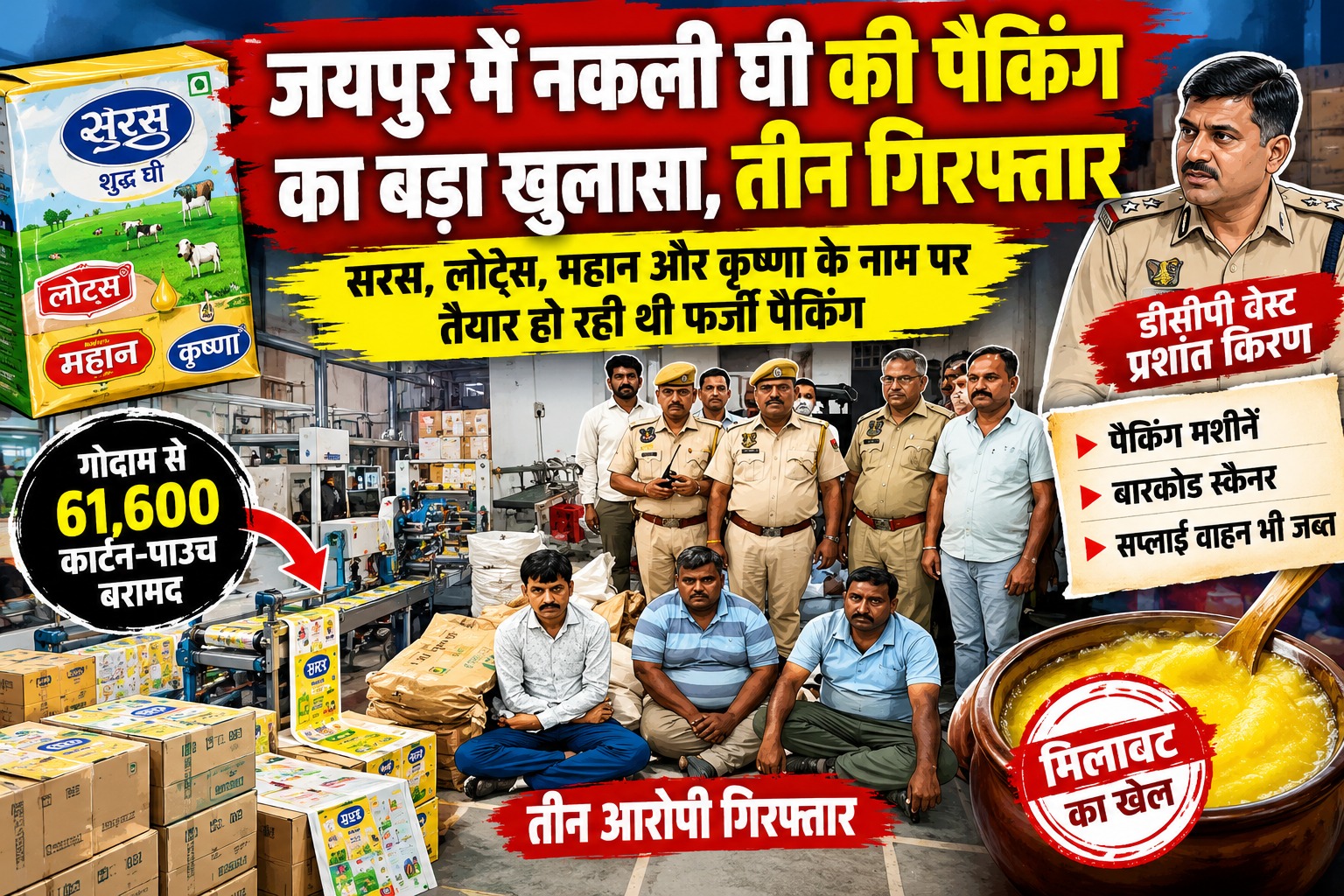 जयपुर में नकली घी के कारोबार का बड़ा खुलासा, बाजार में बिक रहा था सरस, महान, कृष्णा और लोटस का नकली घी, 3 गिरफ्तार