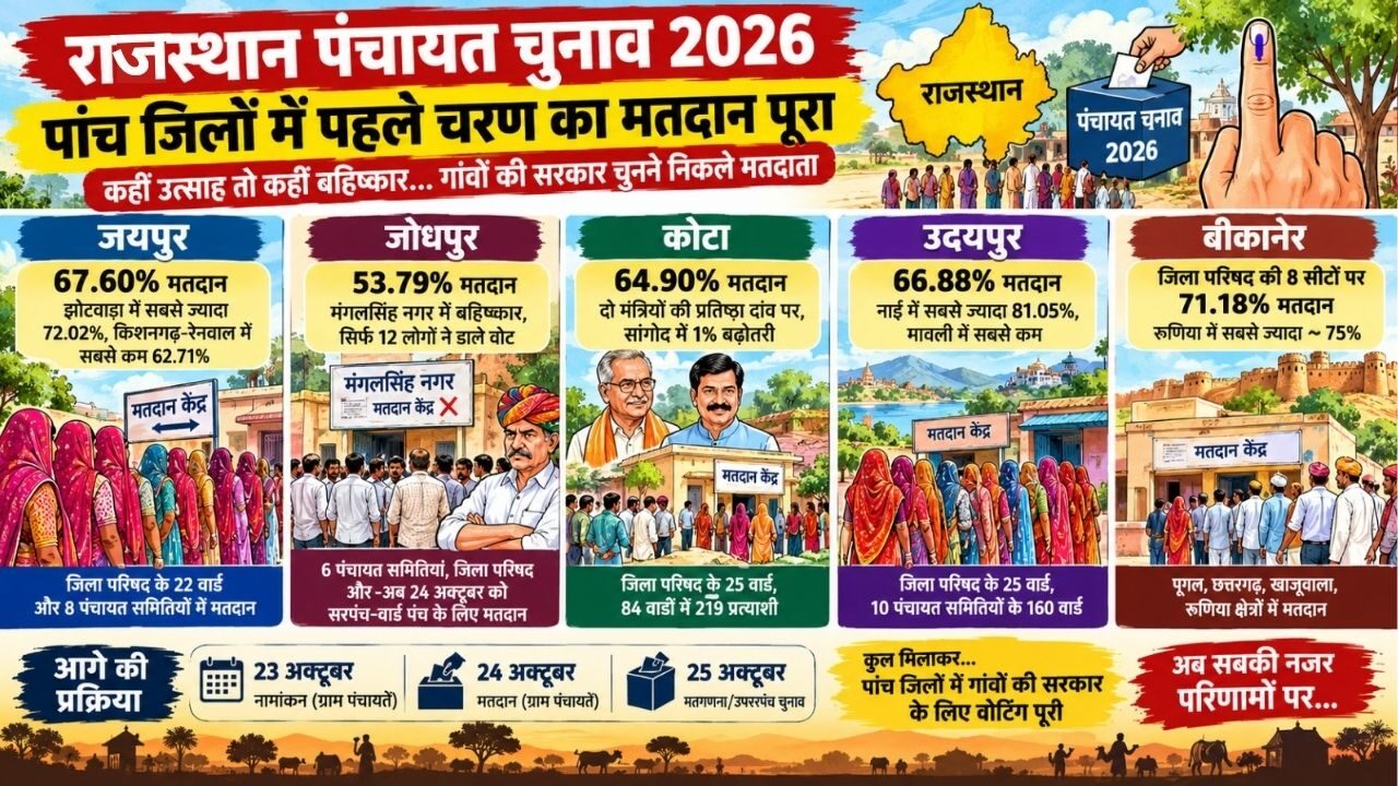 राजस्थान पंचायत चुनाव 2026: पांच जिलों में कैसा रहा पहले चरण का मतदान? जयपुर में 67.60%, उदयपुर में 66.88% और जोधपुर में मतदान बहिष्कार…!