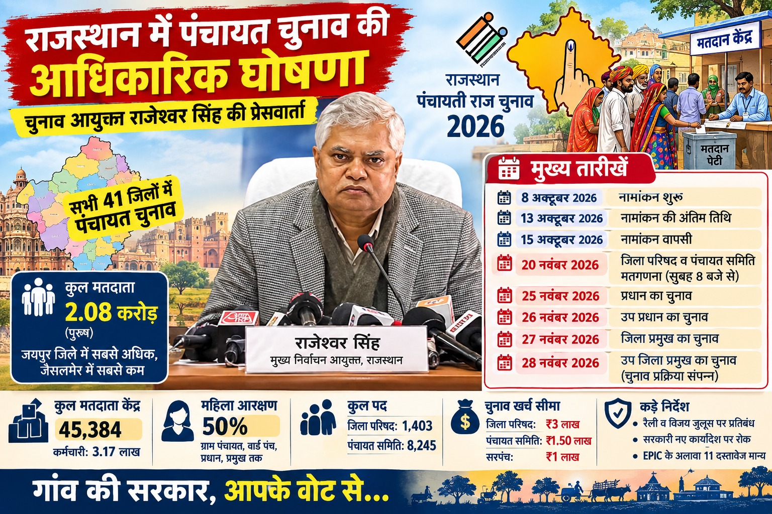 राजस्थान पंचायत चुनाव 2026 की घोषणा: जानिए गांव की सरकार चुनने की सभी तारीखें, जिलेवार चरण और तमाम आंकड़े