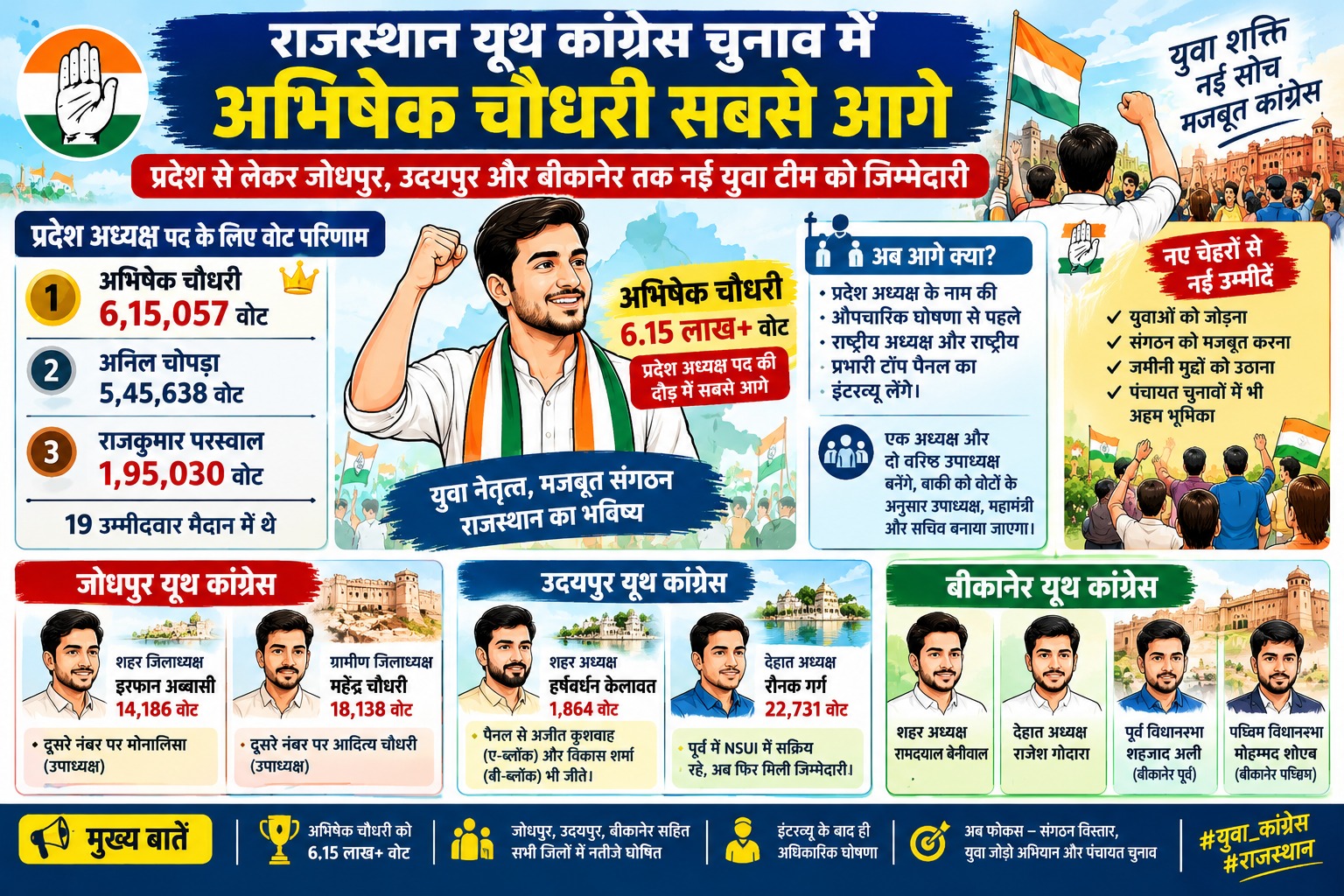 राजस्थान यूथ कांग्रेस चुनाव: अभिषेक चौधरी सबसे आगे, जिलों में भी नई युवा टीम को जिम्मेदारी