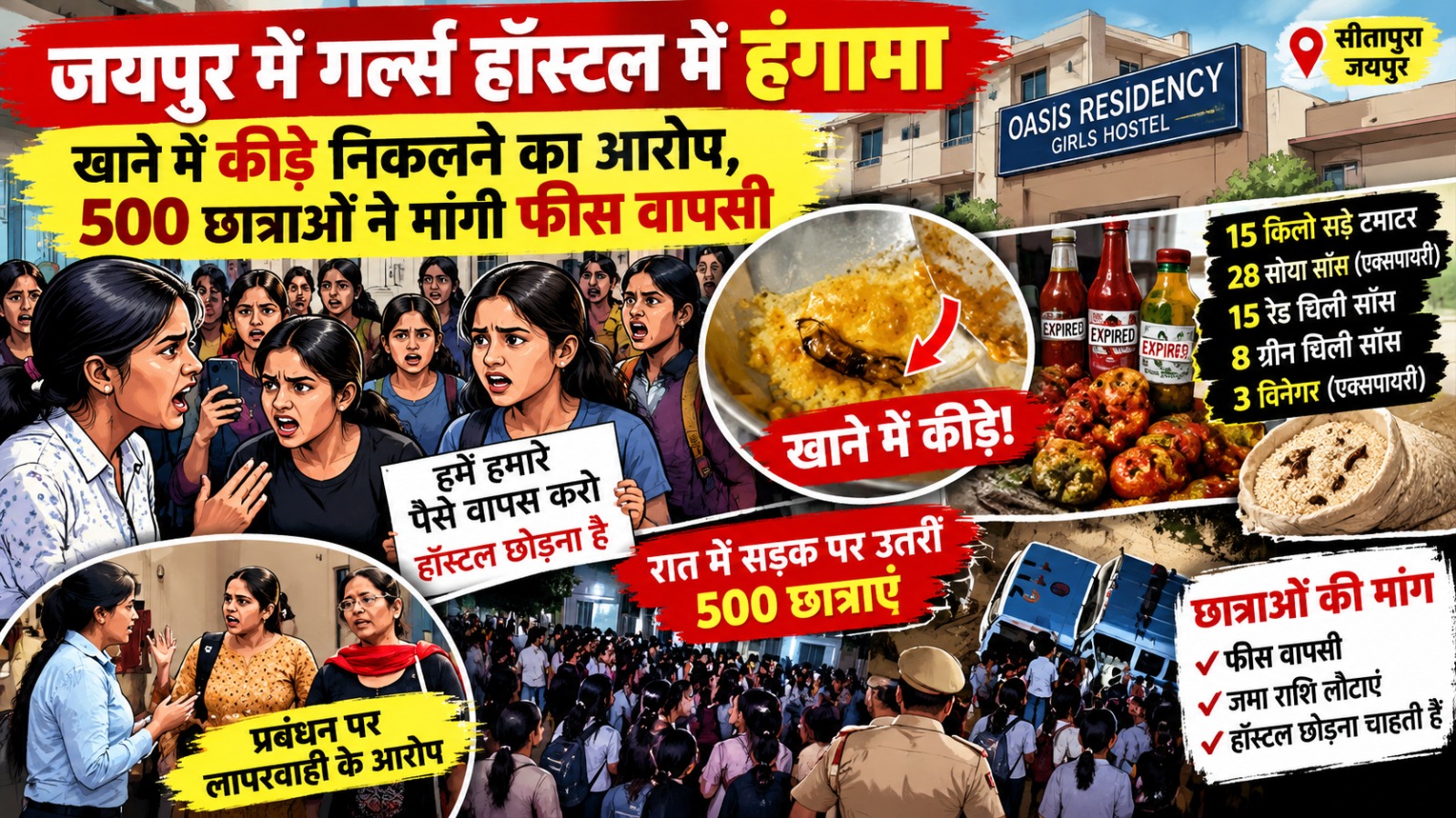 JECRE और पूर्णिमा यूनिवर्सिटी की छात्राओं ने गर्ल्स हॉस्टल में खाने की गुणवत्ता पर किया बवाल, 500 छात्राओं ने मांगी फीस वापसी; रात में उतरीं सड़क पर…