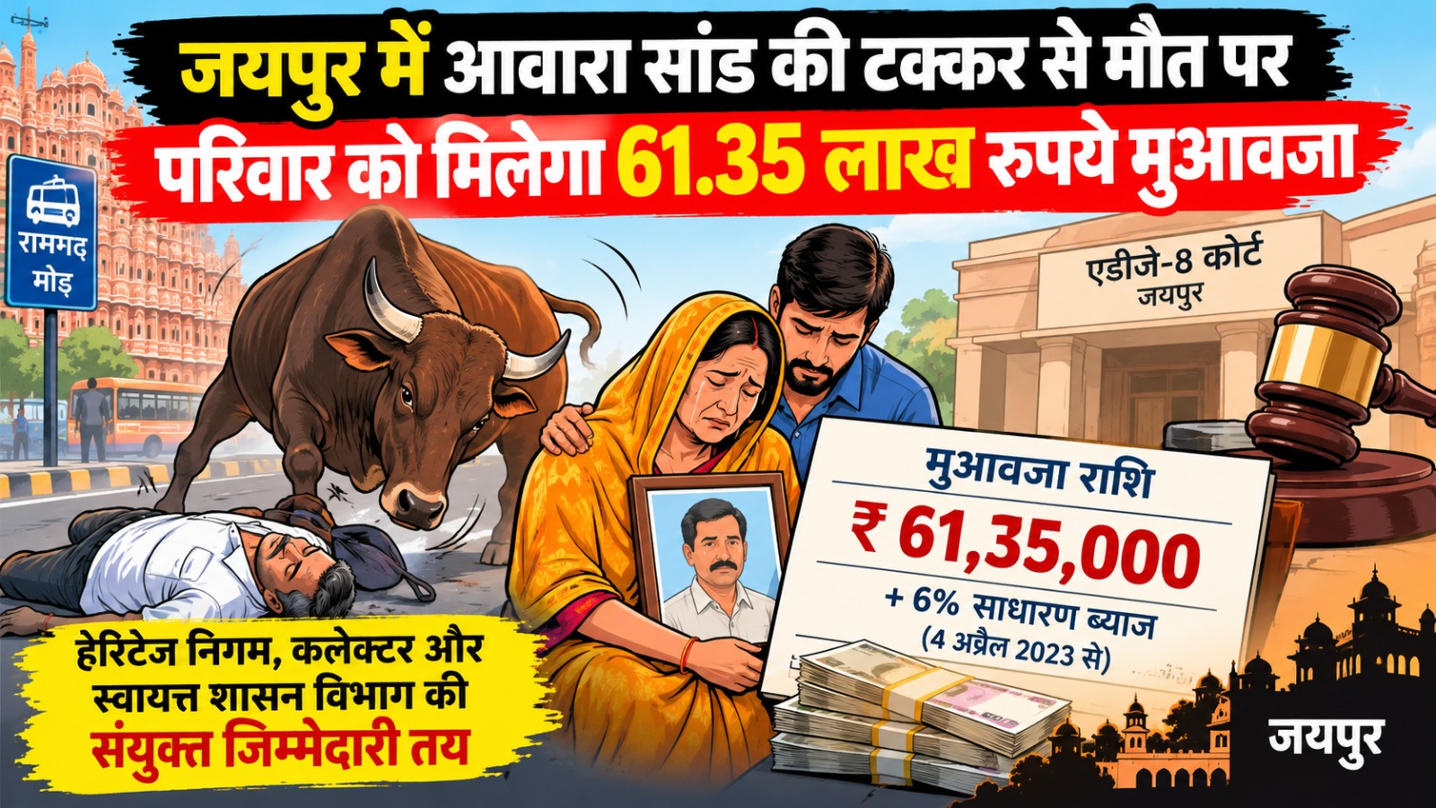 एडीजे कोर्ट की अनूठी पहल; आवारा सांड की टक्कर से मौत पर परिवार को 61.35 लाख रुपये का मुआवजा…