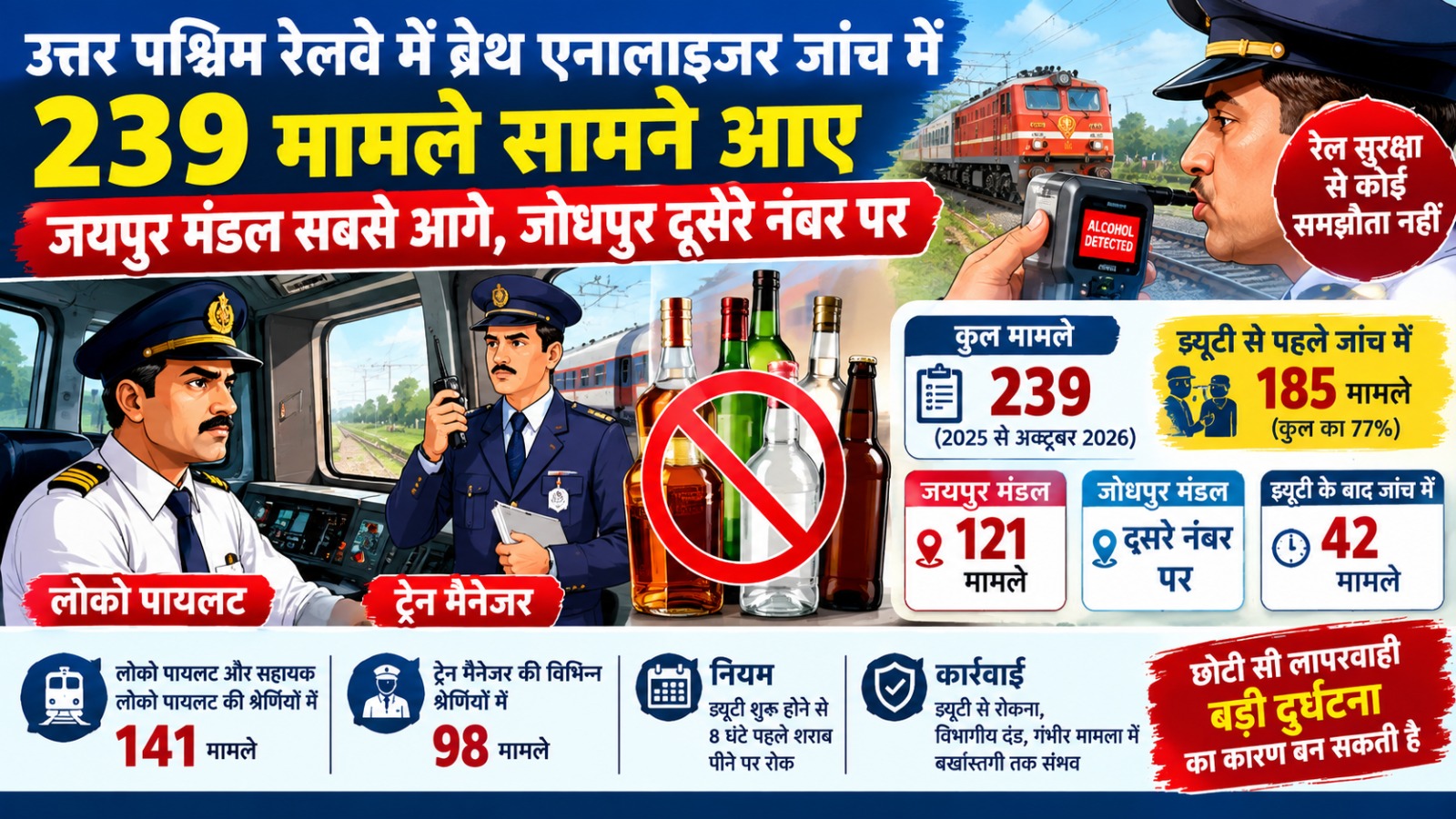 रेलवे में यात्रियों की सुरक्षा पर सवाल, लोको पायलट, ट्रेन मैनेजर सहित अन्य स्टाफ भी शराब के नशे में कर रहा नौकरी; ब्रेथ एनालाइजर टेस्ट में 239 मामले आए सामने…!