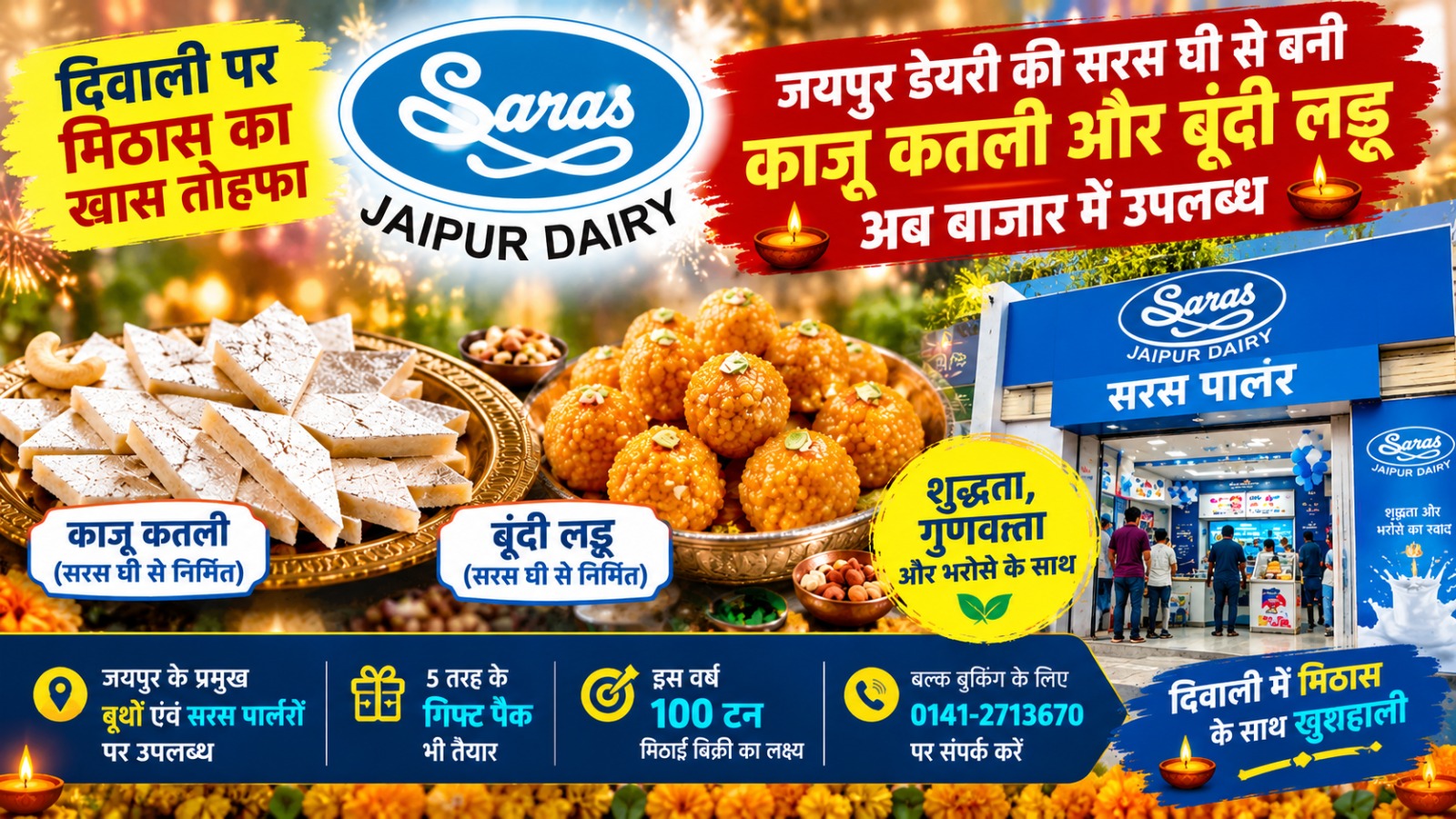 दीपावली पर जयपुर डेयरी का खास उपहार: अब सरस घी से बनी काजू कतली और बूंदी के लड्डू भी मिलेंगे